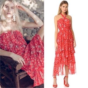 NEW MISA Los Angeles Halter Neck Ruffle Tiered Floral Maxi Dress Red Boho Summer